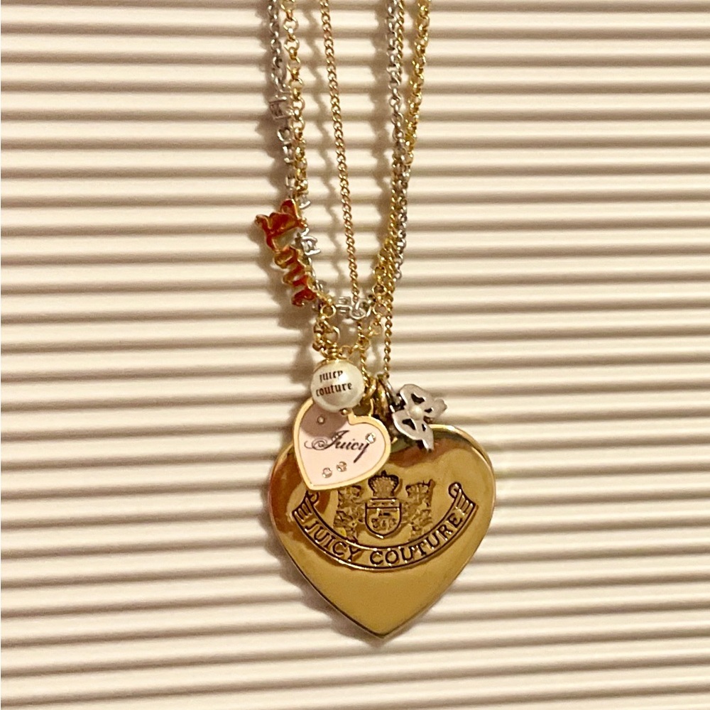 Juicy Couture Triple Strands Necklace w/ Gold Heart and Silver Rhinestones Charm